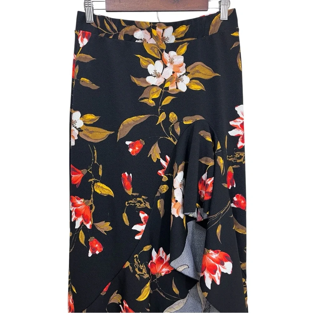 Touch Me Black Floral Skirt with High-Low Ruffle Hem. Size Large. - Picture 3 of 9